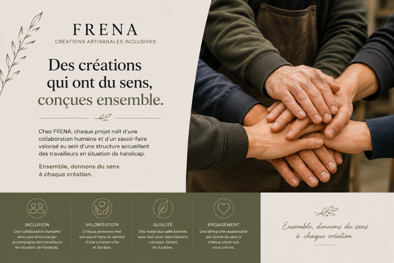 création artisanale inclusive FRENA – mains réunies symbolisant la collaboration humaine et le savoir-faire